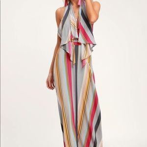 Lulus Esplanade Multi Striped Drape Front Halter Maxi Dress